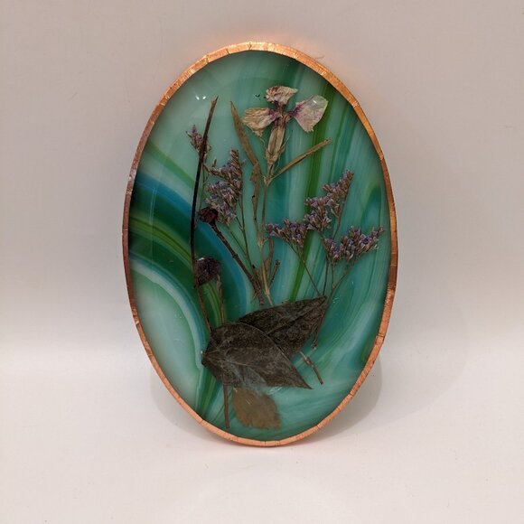 Vintage 70s Dried Flower Art | Oval Copper Frame | Pressed Wildflowers in Resin - Picture 1 of 4